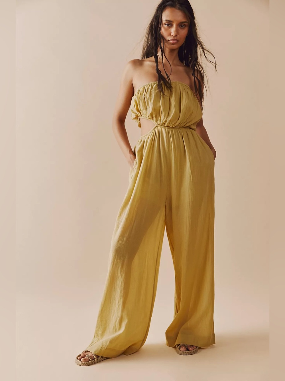 Free People Cut Out For It Strapless Jumpsuit Yellow Gold Hippie Boho Flowy